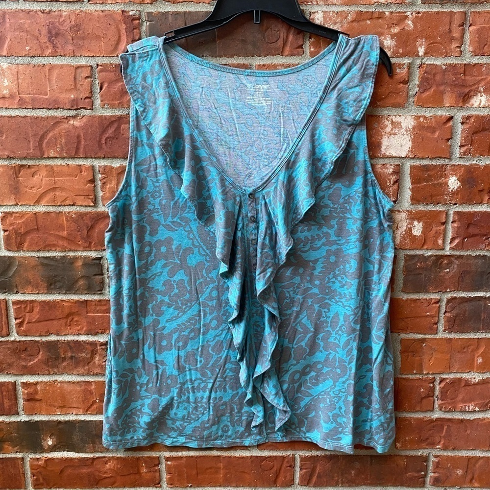 Lane Bryant Womens 18/20 Blue Mint Gray Ruffle Vneck Sleeveless Blouse